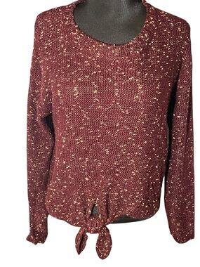 Eyeshadow Burgundy Gold Metallic Marled Sweater Bow Tie-Hem Open Detais Size M